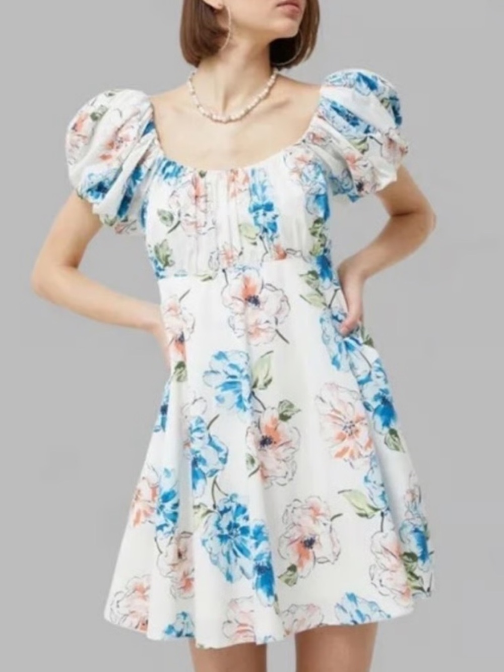 Abercrombie & Fitch Emerson Puff Sleeve Floral Mini Dress Smocked Back Cream 10